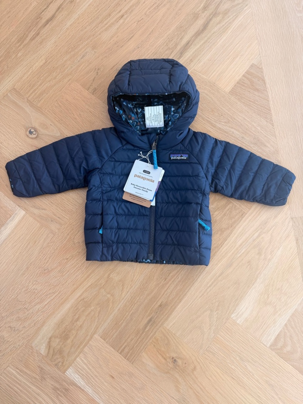 Patagonia Navy Baby Hooded Puffer Jacket with Aqua Trim
